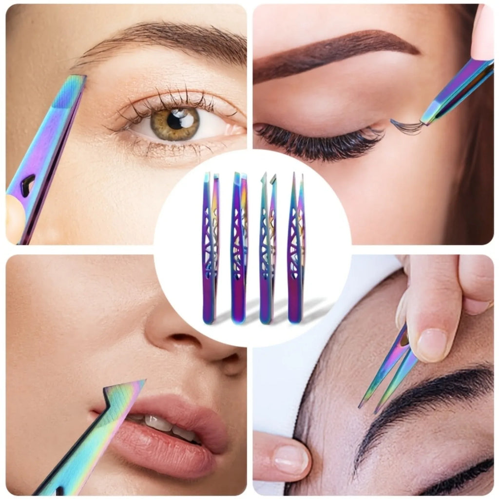4Pcs Color Titanium Tweezers Set, High Precision Stainless Steel Hollow Tower Eyebrow & Hair Plucker