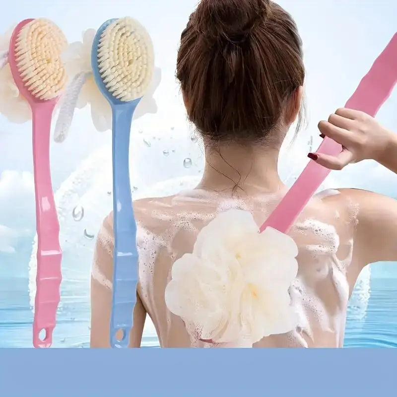 Soft Loofah And Bristles Bath Body Brush For Women And Men - Curved Long Handled Shower Brush For Body, Face, And Spa Washing