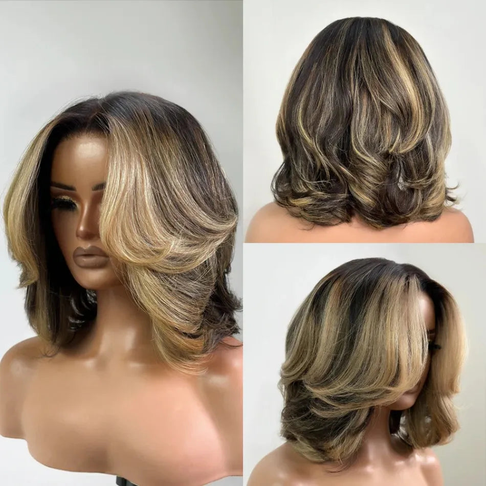 Bob Wig Human Hair Honey Blonde Highlights Layered Wig With Face-Framing Bangs Short 5X5 Hd Lace Closure Wigs For Women 12 Inch
