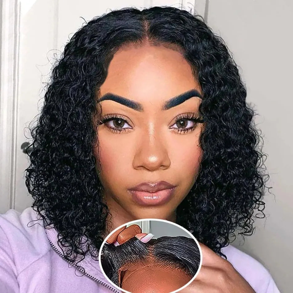 Wear And Go Glueless Short Bob Wig Human Hair Preplucked Precut For Black Women Water Deep Wave Curly 5X5 Hd Lace Front Wig 10In