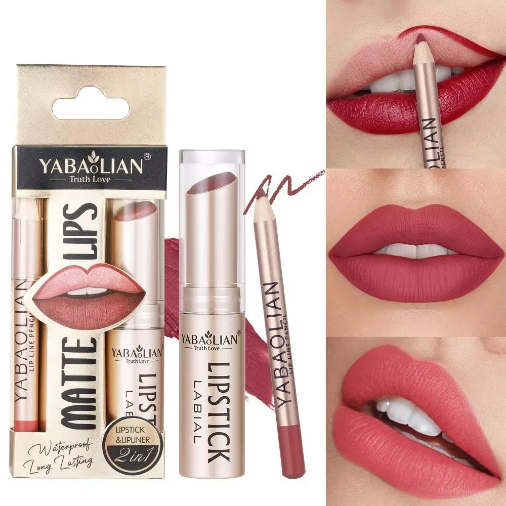 Professional 2PCS Lip Liner Lipstick Set Matte Finish High Pigment Long Lasting Waterproof Sweatproof Cosmetic Beauty Kit