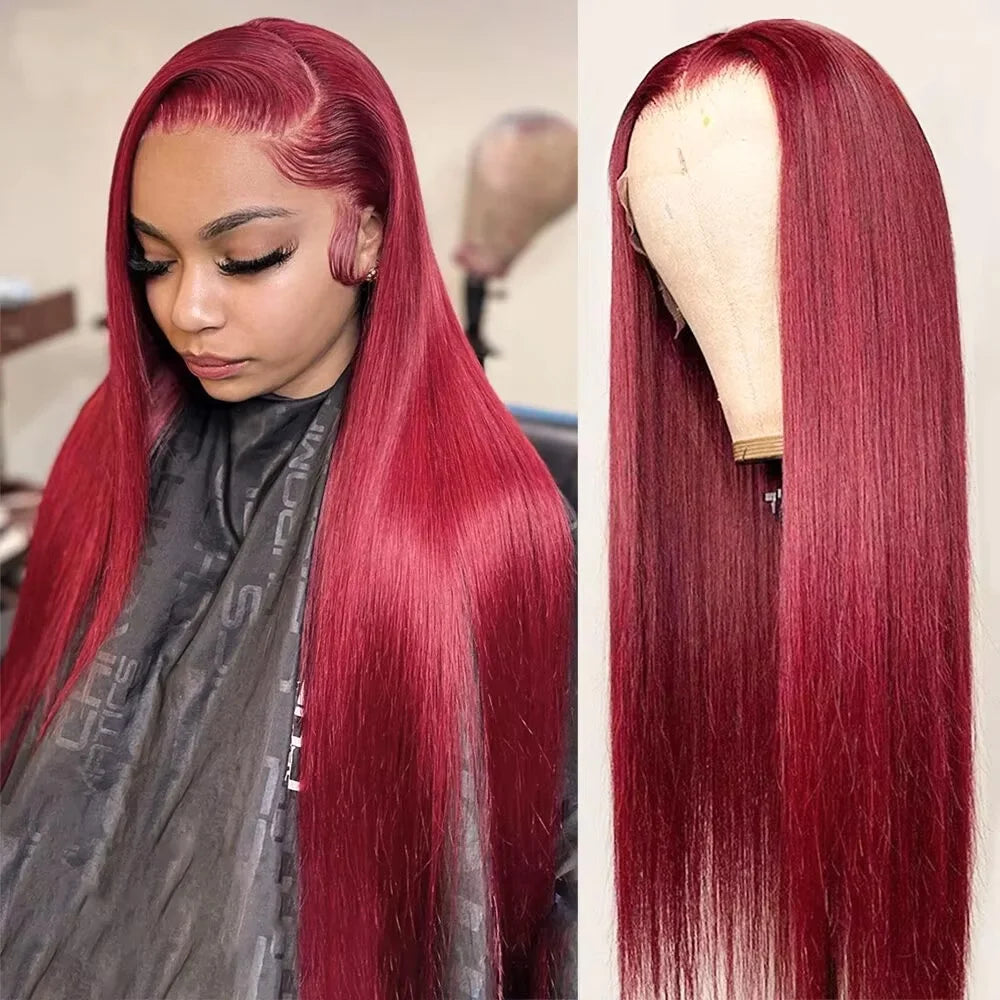 200 Density 99J Straight Lace Frontal Wig Human Hair 13x6 HD Lace Front Wig Pre Plucked Bleached Knots Glueless Wigs 46 Inches