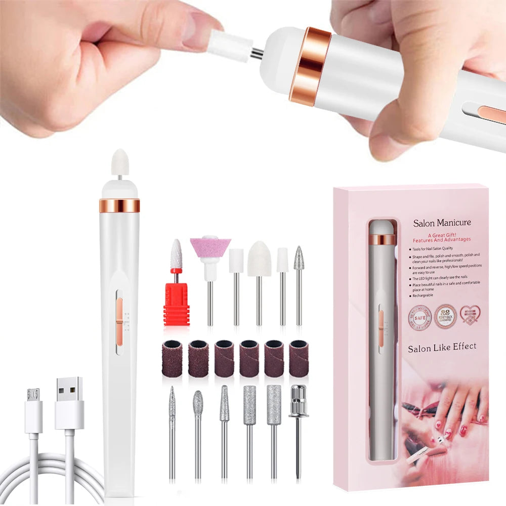 YIKOOLIN Portable Nail File Care Set LED Light Adjustable 4 Speed with 12 Attachment Drill Bits USB Charge Home Use