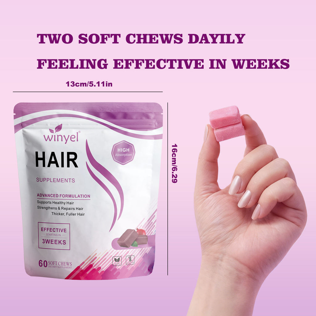WINYEL Hair Growth Soft Chewables, Containing Hair Growth Vitamins For Men And Women, Biotin, To Help Create Thicker, Fuller, And Stronger Hair, Mixed Berries, 60 Soft Chewables.