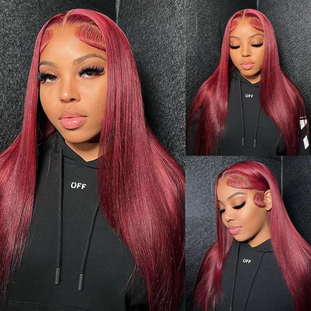 200 Density 99J Straight Lace Frontal Wig Human Hair 13x6 HD Lace Front Wig Pre Plucked Bleached Knots Glueless Wigs 46 Inches