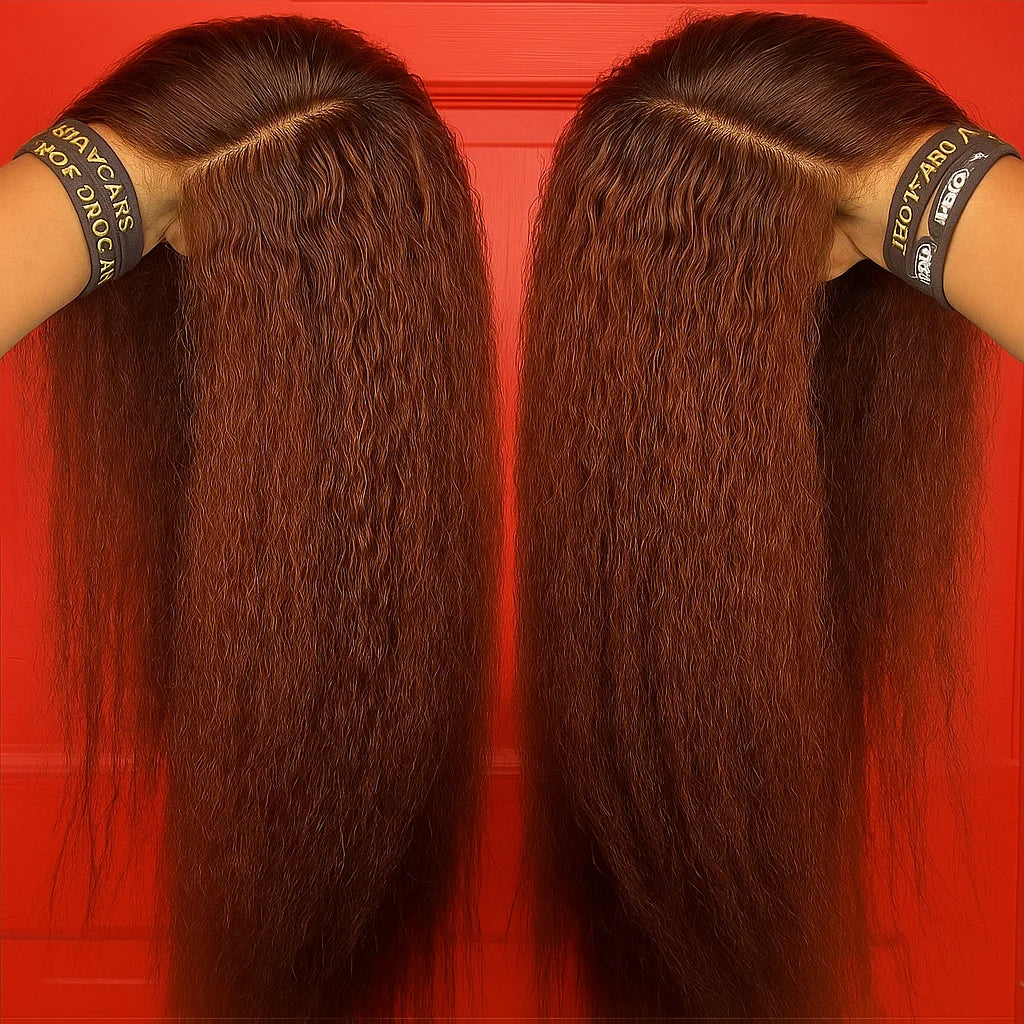 Brown Yaki Kinky Straight Human Hair Wig 13x6 Pre Cut Lace Front Glueless Pre Plucked Wig for Beginners For Black Women