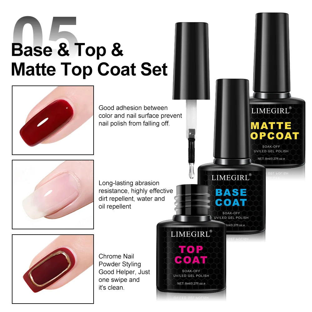 LIMEGIRL 8ml Soak Off Matte Top Base Coat for Nails UV Gel Polish Semi Permanent Functional Manicure Top Base Coat Varnish