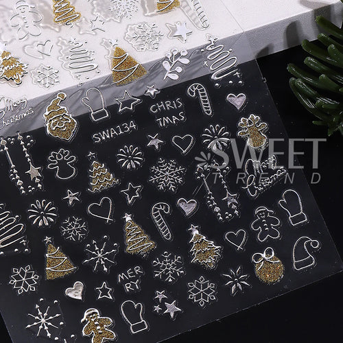 2pcs Gold Silver Christmas 3D Nail Stickers Reflective Glitter Xmas Tree Gingerbread Snowflakes Adhesive Decals Winter Manicure