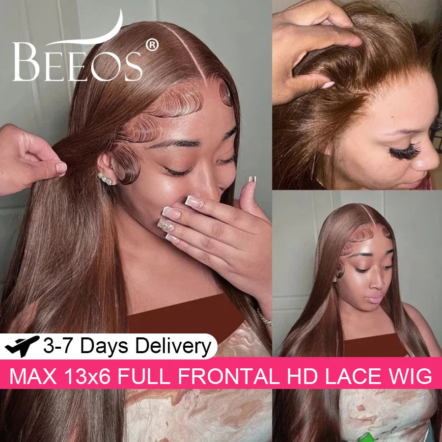 Dark Brown 13x6 Real HD Lace Frontal Human Hair Wigs Ultra Fitted Straight Invisible HD Lace Wigs Bleached Knots Deep Parting
