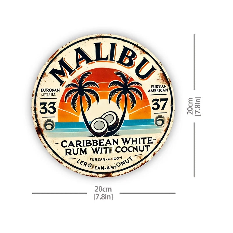Vintage Malibu Rum Coconut Aluminum Wall Sign - Retro Tropical Decor with Palm Trees & Sunset Design, Perfect for Home, Bar