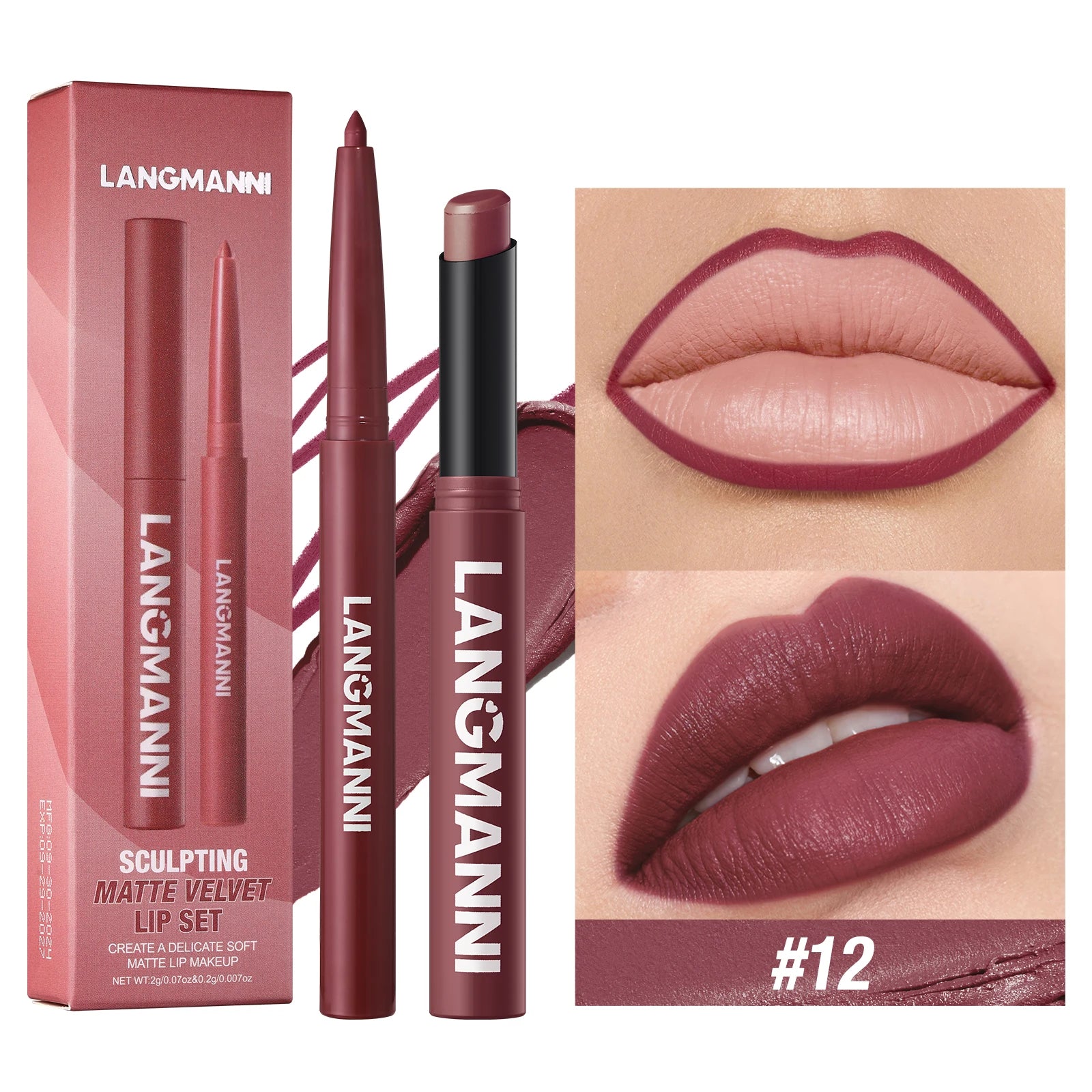 Integrated waterproof lipliner+lipstick lipstick lipstick set,no smudge,no fade,no cup,durable,easy to create a perfect makeup!