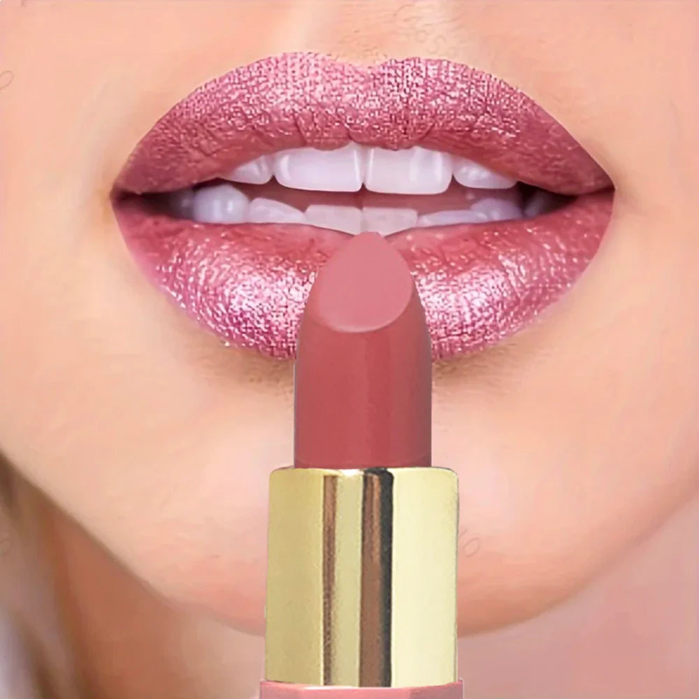 Pearlescent Pink Glitter Velvet Lipstick Metallic Waterproof Long Lasting Matte Shimmer Diamond Lipstick Women Makeup Cosmetic