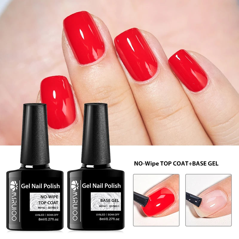 MSRUIOO 8ml Base Top Coat Gel Polish Semi Permanent Soak Off UV Gel LED Nail Art Varnish Base Gel Top Coat Gel Varnish Manicure