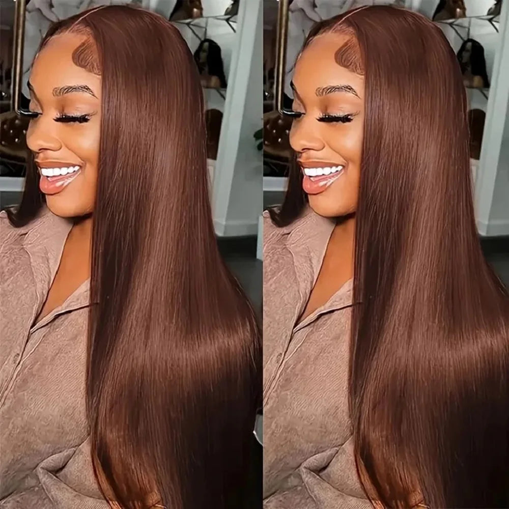 #4 Chocolate Brown Colored Straight Lace Front Wig 200 Density 13x4 13x6 HD Transparent Full Lace Frontal Human Hair Wig 46 Inch