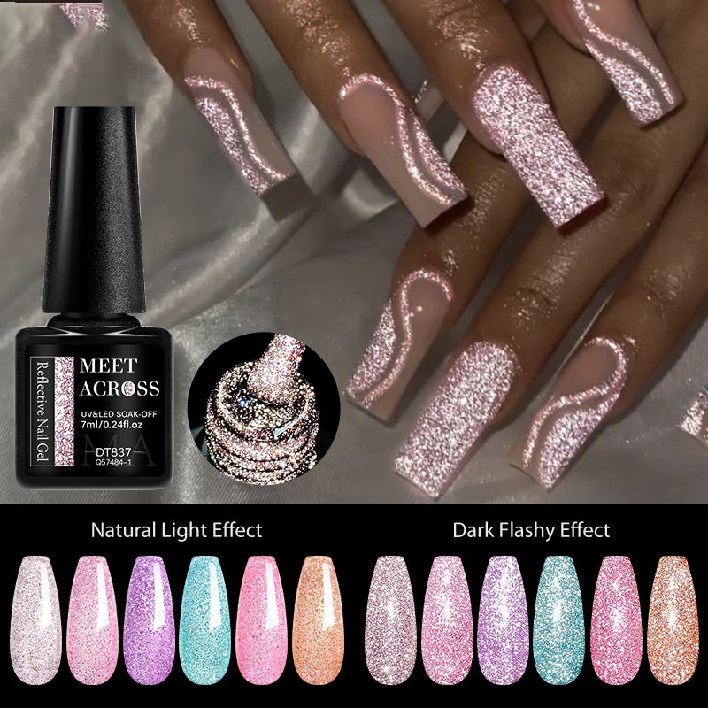 7ml Reflective Glitter Nail Gel Polish Semi Permanent French Style Nail Art UV LED Gel Sparkling Soak Off Manicure Varnish DIY