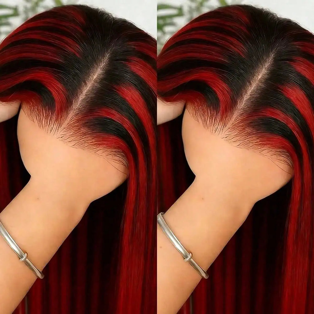 Highlight Burgundy 13x4 HD Transparent Straight Lace Front Wigs Human Hair 200 Density Wigs for Women Pre Plucked Glueless Wigs