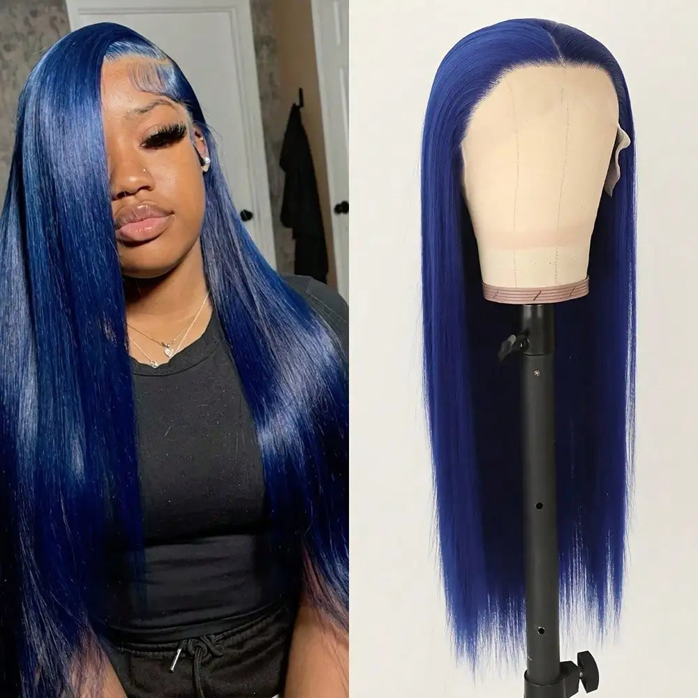 Long Straight Heat Friendly Blue Colored Hair Lace Front Straight Wigs  13x4 HD Blue Synthetic Lace Frontal Wigs for Women