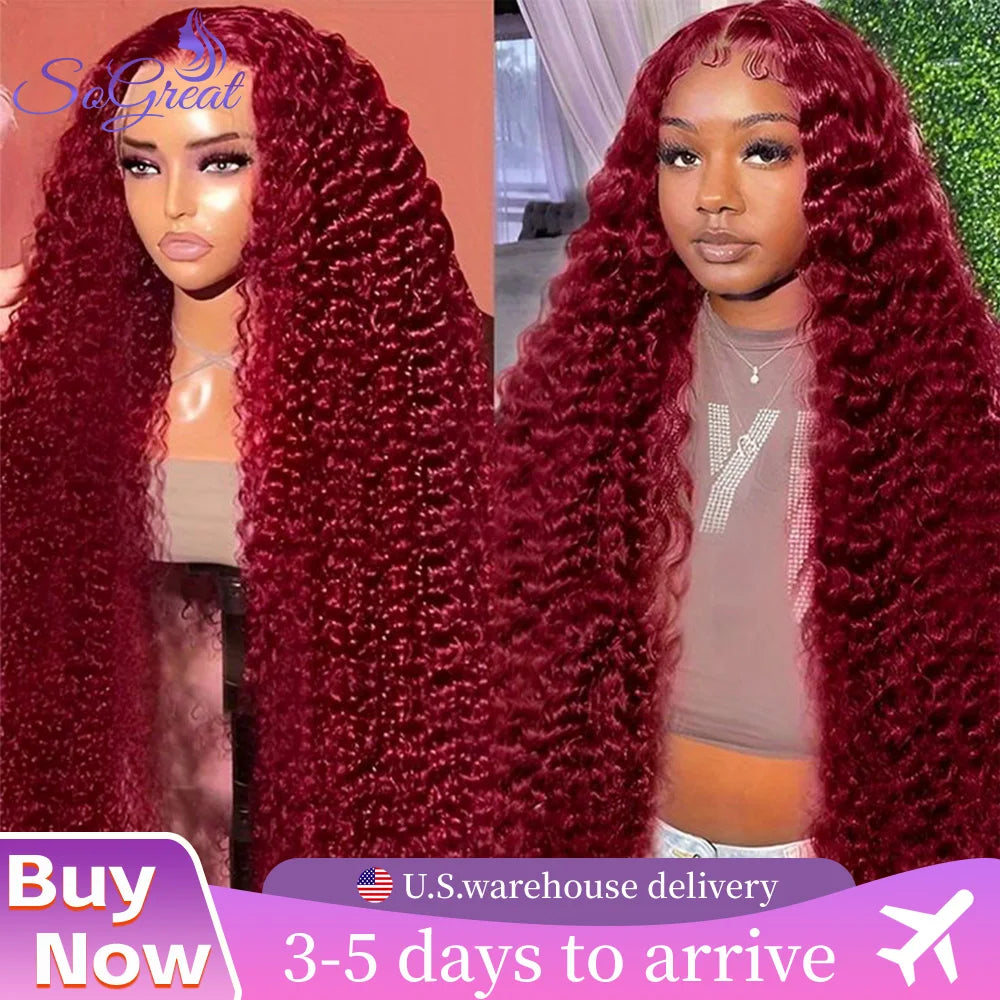 SoGreat Burgundy Curly Wigs Deep Wave Lace Front Wig 13x6 13x4 Lace Frontal Water Wave Human Hair Wig 99j Human Hair Brazilian