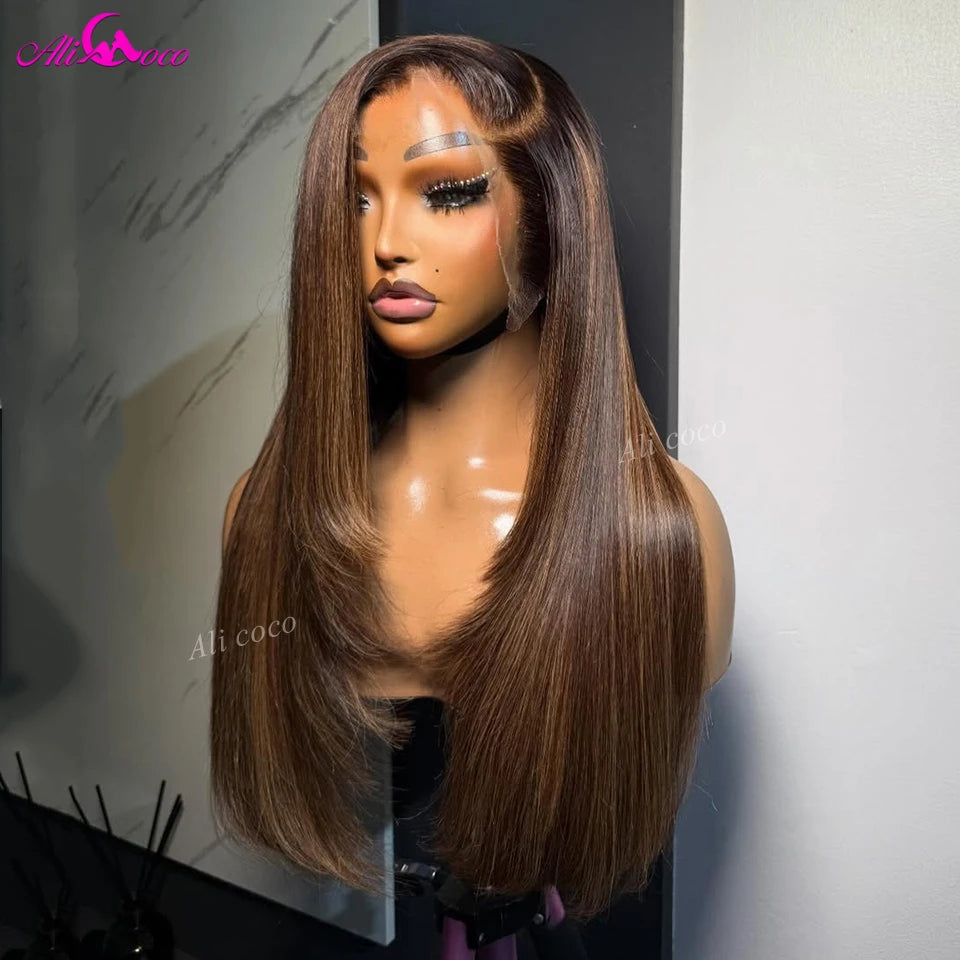 180 Density Highlight Honey Brown Colored 13x6 Lace Front Human Hair Straight Wig 5x5 Lace Closure Layered Wigs for Women