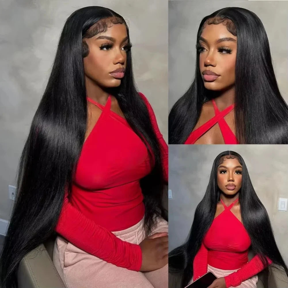 18-46Inch Natural Black Bone Straight 13x6 HD Clear Lace Frontal Wig 200 Density Pre Plucked Natural Edges Glueless Silky Smooth