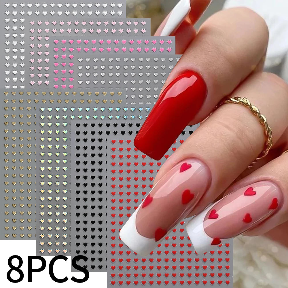 8Colors/Set 3D Love-Heart Nails Stickers Mini Sweet Hearts Self-Adhesive Nail Art Sliders Valentine's Day DIY Manicure Decals 1