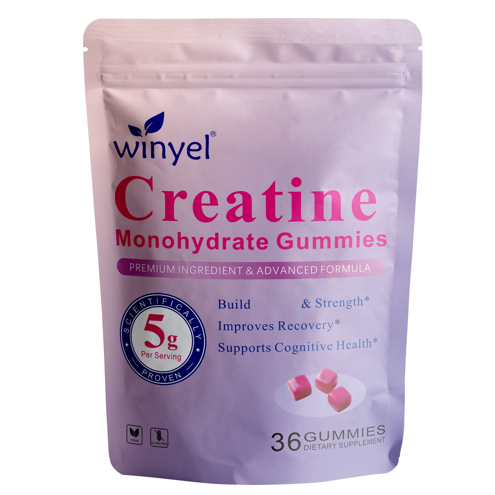 WINYEL Creatine Monohydrate Gummies, 5 Grams Per Serving, Sugar-free Creatine Gummies, Suitable For Workouts, Strength, Cognitive Health, And Muscle Support, Gluten-free, Berry-enhanced, 36 Gummies. H