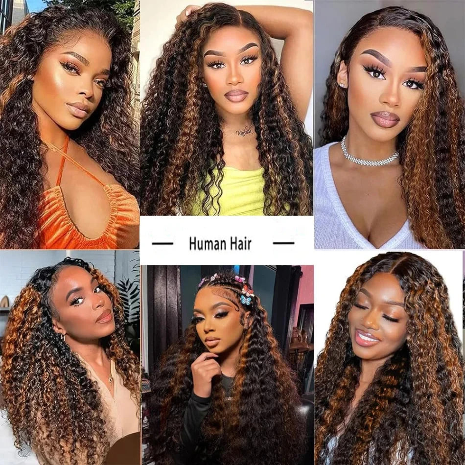 Highlight Ombre Curly Wig Human Hair Honey Blonde Brown 13X6 Hd Lace Front Wigs Deep Wave 1b30 Black Brown 13X4 Lace Frontal Wig