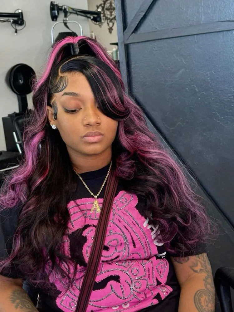 Brazilian 1B/Pink Ombre 13x4 13x6 HD Lace Front Wigs 250% Density Body Wave Highlight Wig Human Hair Pink And Black Colored Wig