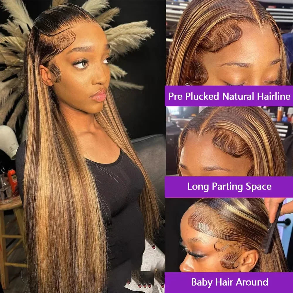 Highlight Wigs Straight 13X6 Hd Lace Frontal Wig Human Hair 220 Density 38 Inch P4/27 Ombre Pre Plucked Brazilian Hair Wigs