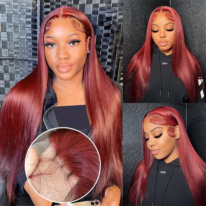 99J Burgundy Lace Front Human Hair Wig 36 Inch Straight Lace Frontal Wigs 13x6 HD Transparent Lace Colored Red Wig For Women