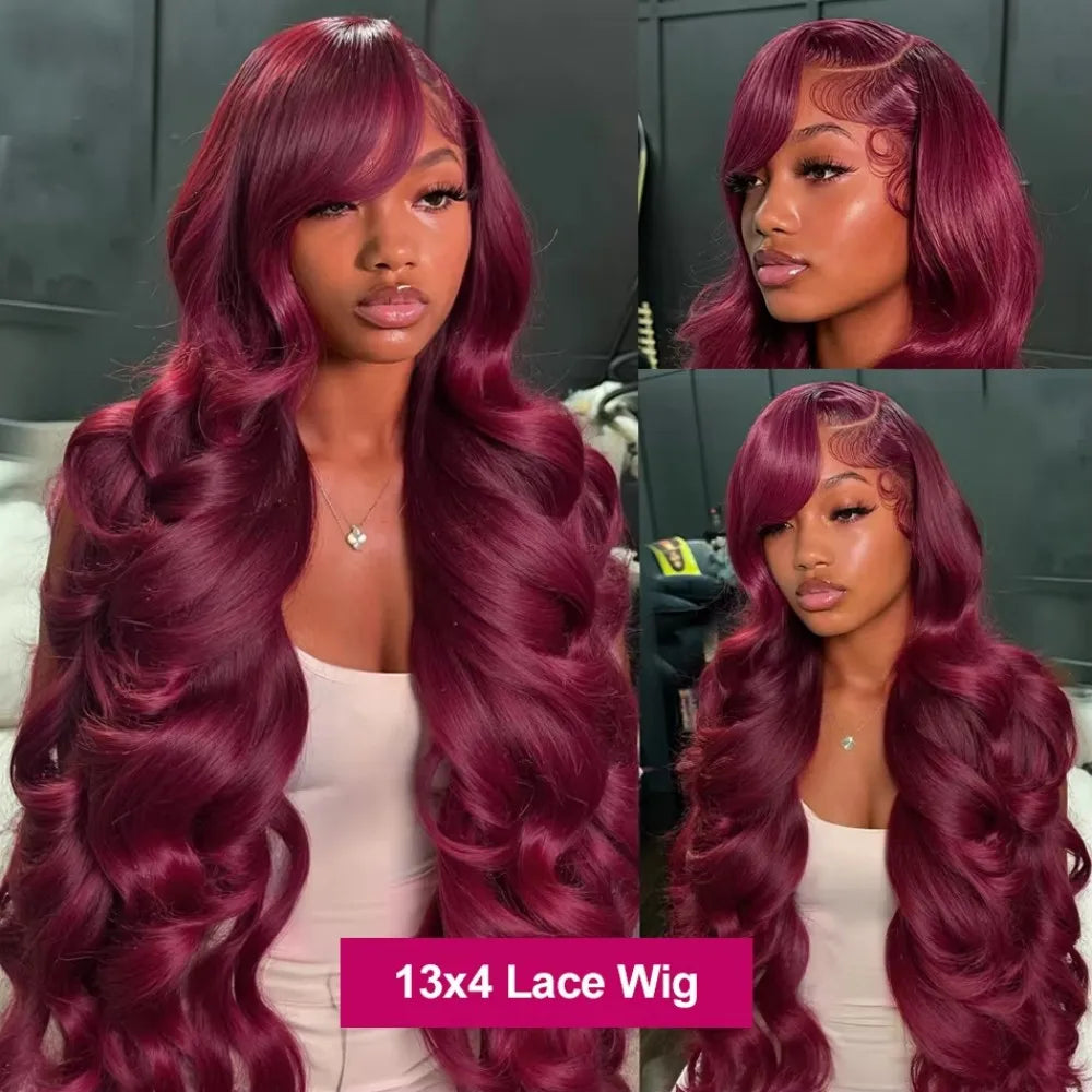 99J Burgundy Body Wave 13x4 Lace Full Front Human Hair 13x6 HD Lace Frontal Wigs 46 Inch Max-lace Red Colored Wig For Women
