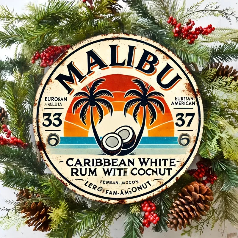Vintage Malibu Rum Coconut Aluminum Wall Sign - Retro Tropical Decor with Palm Trees & Sunset Design, Perfect for Home, Bar