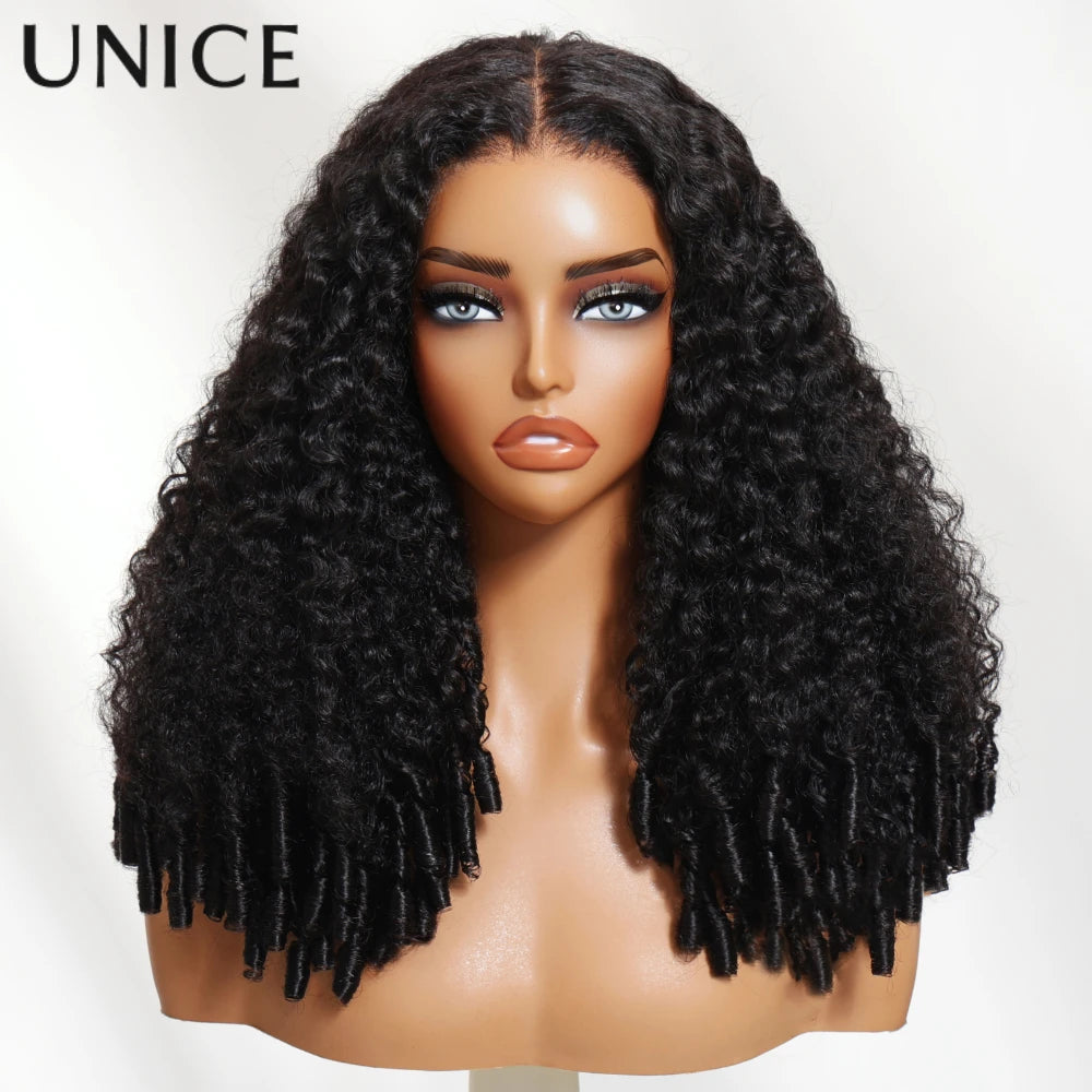 UNice 7x5 & 13x4 Lace Curly Human Hair Wig With Finger Coil Ends Pre Plucked Pre Cut Pre Bleached Glueless Wig With Drawstring