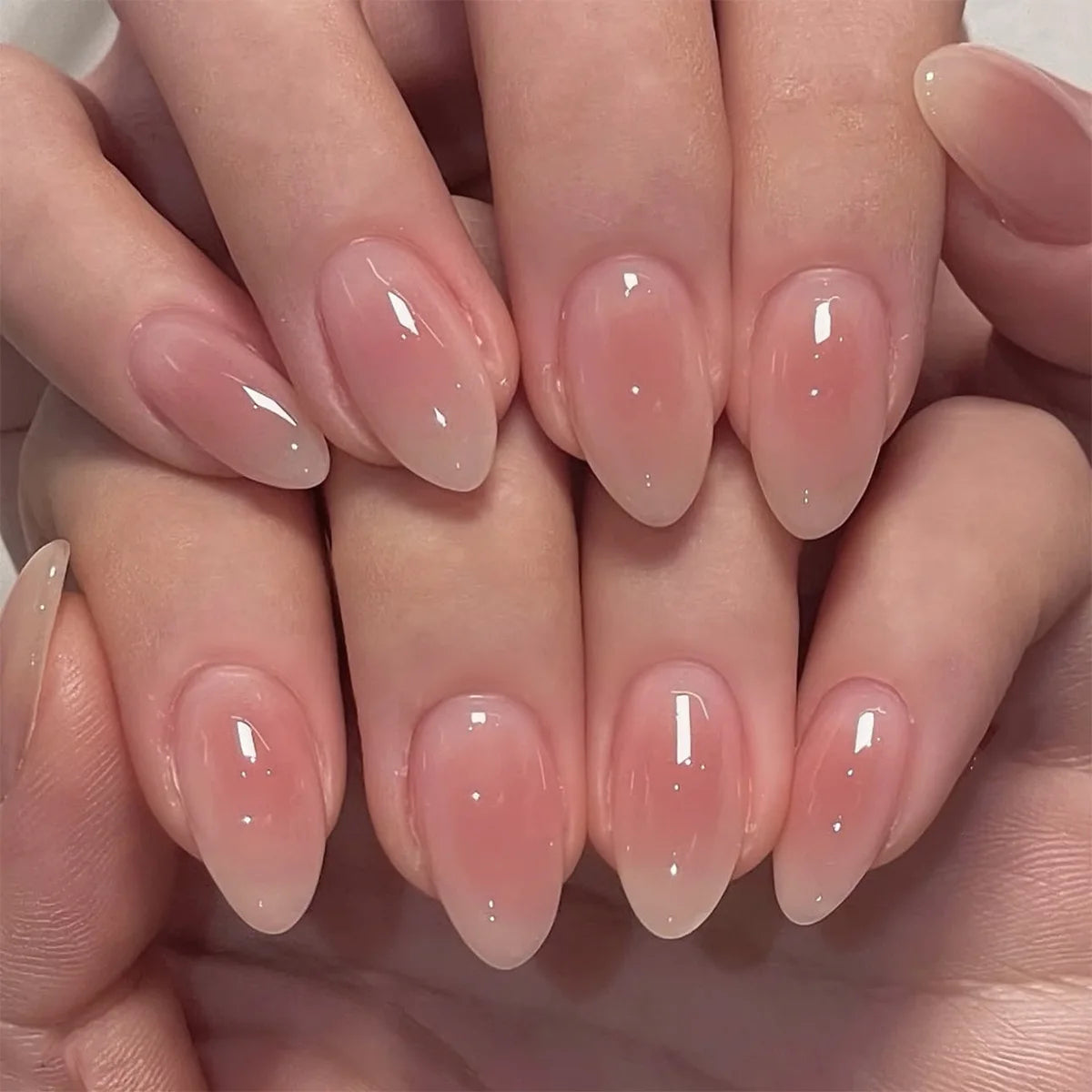 24Pcs Metallic Cat Eye French Sheer Manicure Tip Art Textured 3D Acrylic False Nails Nude Pink Almond Medium Press on Fake Nails