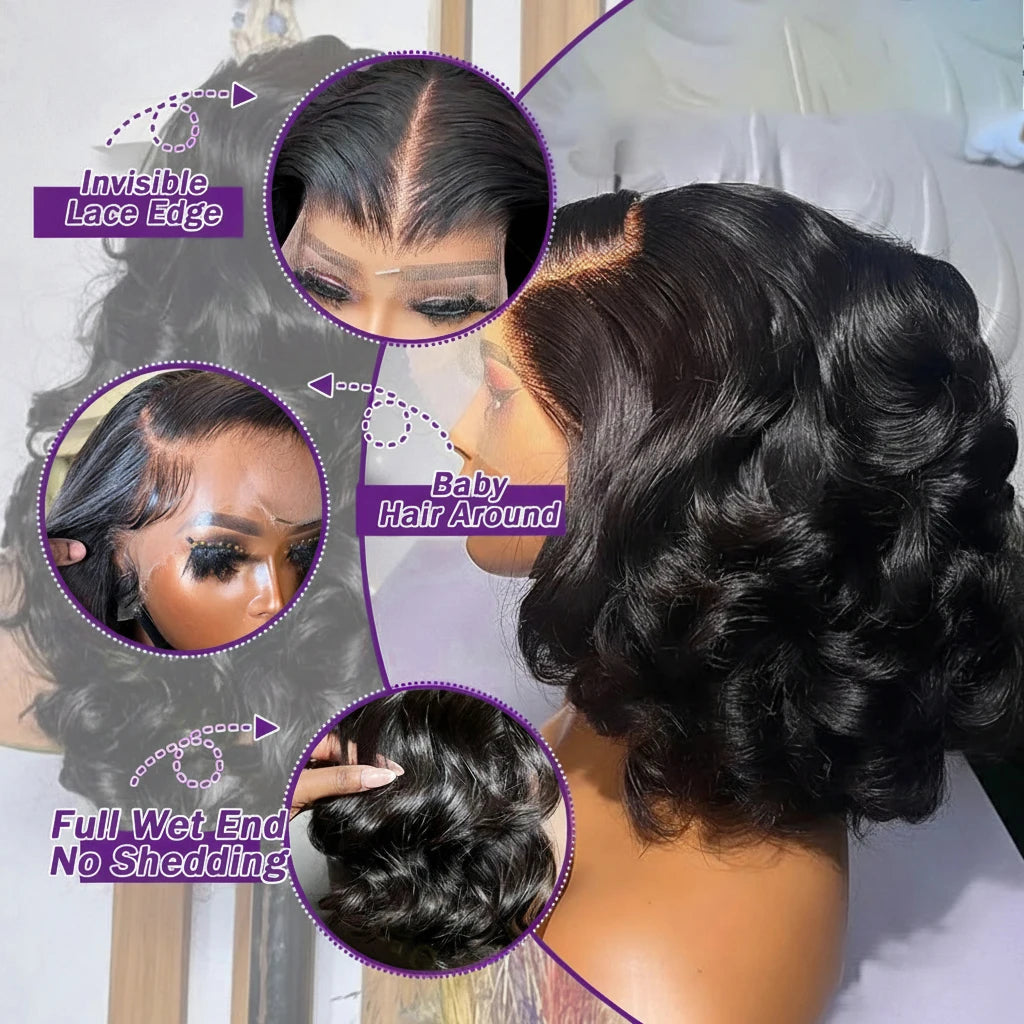 Bob Wigs Body Wave Human Hair Short Bob 13x4 13x6 Lace Front Wig Black 250 Density Glueless Black Lace Frontal Wigs Pre No Gluez