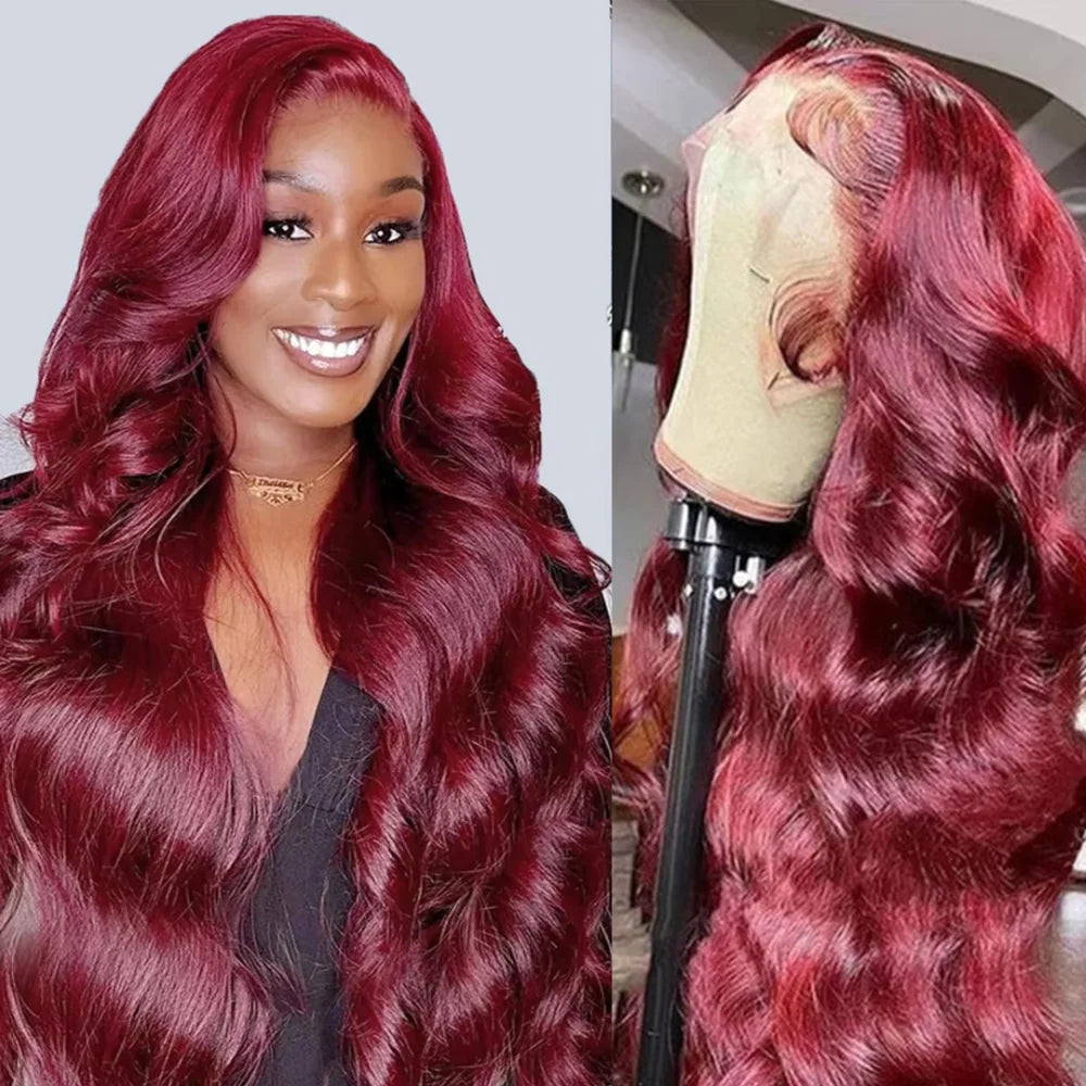 99J Burgundy Lace Front Wig 13x6 HD Transparent Lace Frontal 200 Density Body Wave Pre Plucked Pre Cut Lace Glueless 46 Inches