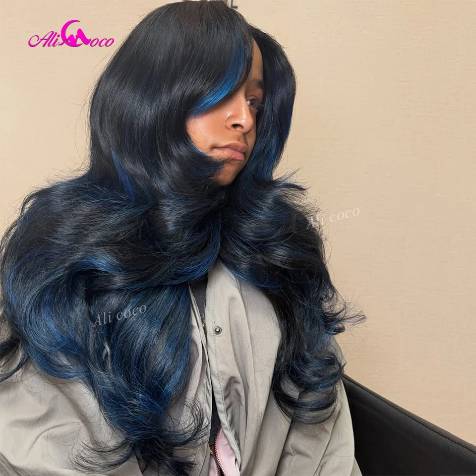 Highlight Sky Blue Human Hair Brazilian Remy Hair 180 Density Closure Pre Plucked Wigs Body Wave Transparent Lace Front Frontal