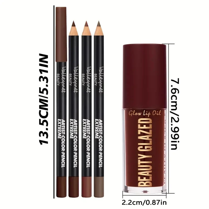 4pcs Lip Kit Set-3pcs Lip Liner+1pc Lip Glaze, Waterproof&Long-Lasting Matte Effect,Versatile for Casual & Formal Occasions,