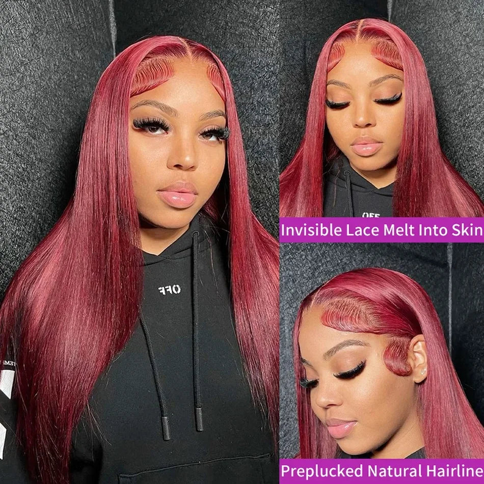 High Density Human Hair 13x4 Lace Front Wig 99j Bone Straight Burgundy 13x6 Hd Lace Frontal Wigs For Women 40 Inch Colored