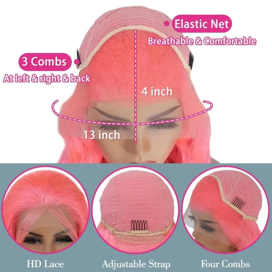 Pink Human Hair Wigs Body Wave 13X6 Hd Lace Frontal Wig 100% Human Hair Colored Lace Front Wig Preplucked Brazilian Hair 38 Inch