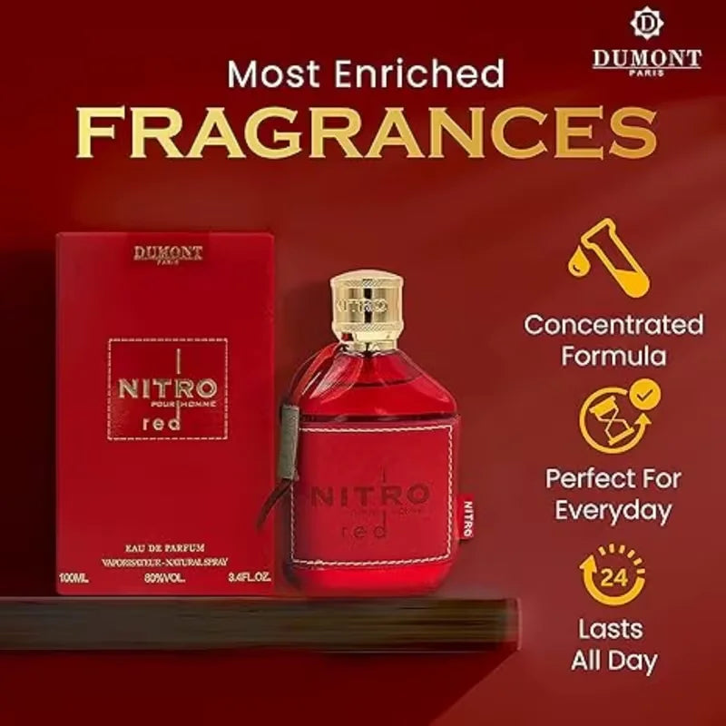 Dumont NITRO RED - 3.4oz - Eau De Parfum - Luxury Perfume for Men - Fruit, Woody, Floral & Masculine Fragrance - Long Lasting C