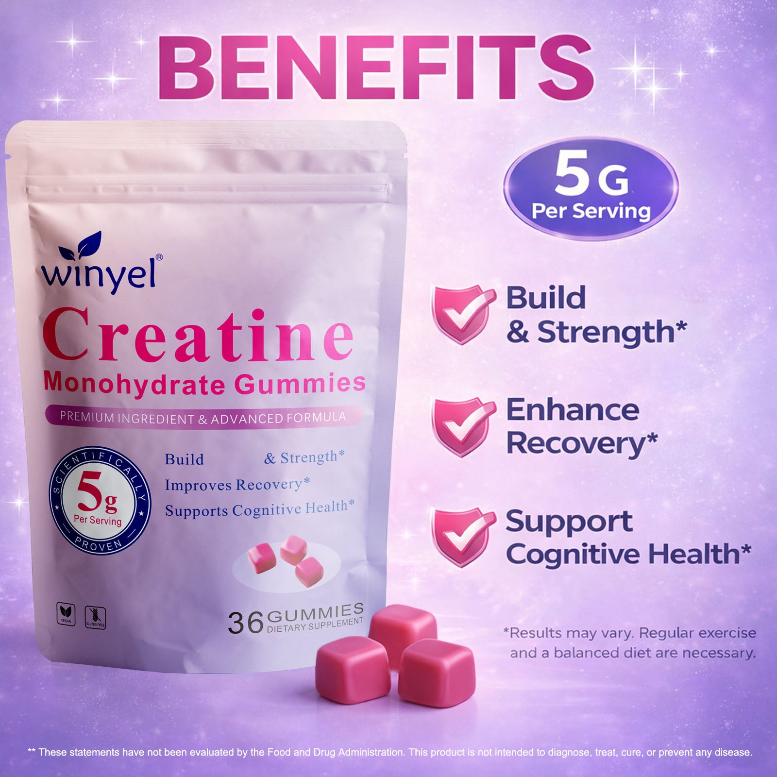 WINYEL Creatine Monohydrate Gummies, 5 Grams Per Serving, Sugar-free Creatine Gummies, Suitable For Workouts, Strength, Cognitive Health, And Muscle Support, Gluten-free, Berry-enhanced, 36 Gummies. H