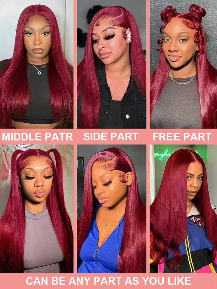 99J Colored Straight Human Hair Wigs Burgundy 13x6 13x4 HD Lace Frontal Wigs For Women 220 Density Lace Front Human Hair Wig
