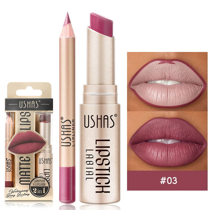Professional 2PCS Lip Liner Lipstick Set Matte Finish High Pigment Long Lasting Waterproof Sweatproof Cosmetic Beauty Kit