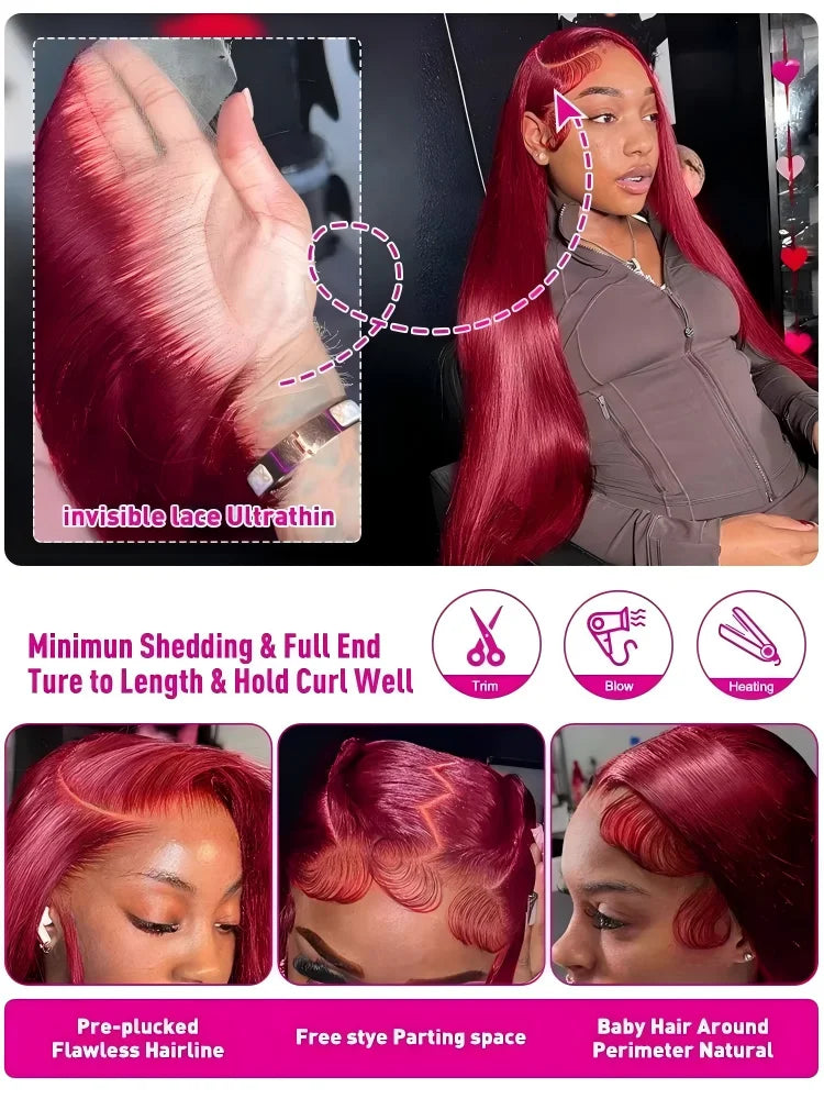 99J Colored Straight Human Hair Wigs Burgundy 13x6 13x4 HD Lace Frontal Wigs For Women 220 Density Lace Front Human Hair Wig