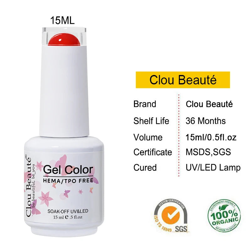 Clou Beaute 15ml Red Color Gel Polish Vernis Semi Permanent UV Varnish Gel Nail Polish Hema TPO Free Nails Art Manicure TOP BASE