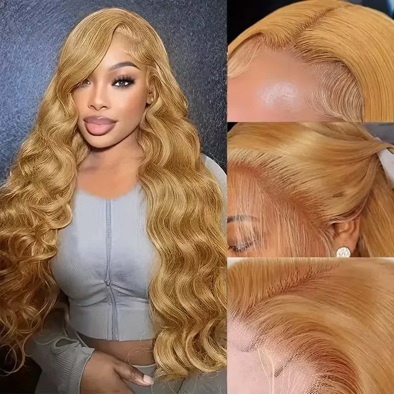 220% Density 13x6 Transparent HD #27 Colored Honey Blonde Body Wave Human Hair Wig PrePlucked Lace Frontal Wigs For Black Women