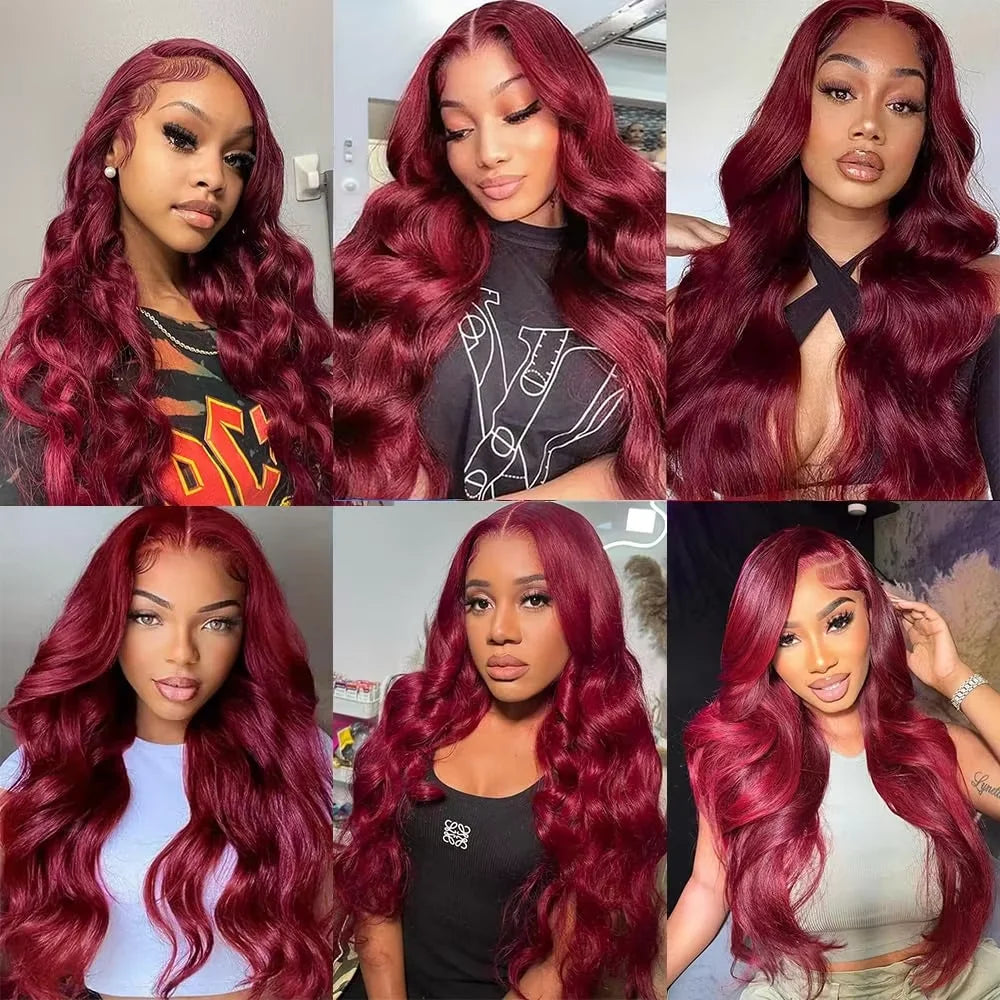 99J Burgundy Body Wave 13x4 Lace Full Front Human Hair 13x6 HD Lace Frontal Wigs 46 Inch Max-lace Red Colored Wig For Women