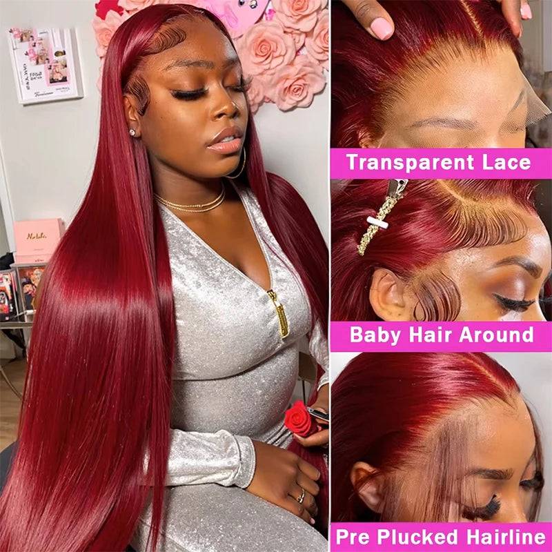 99J Burgundy Lace Front Human Hair Wig 36 Inch Straight Lace Frontal Wigs 13x6 HD Transparent Lace Colored Red Wig For Women
