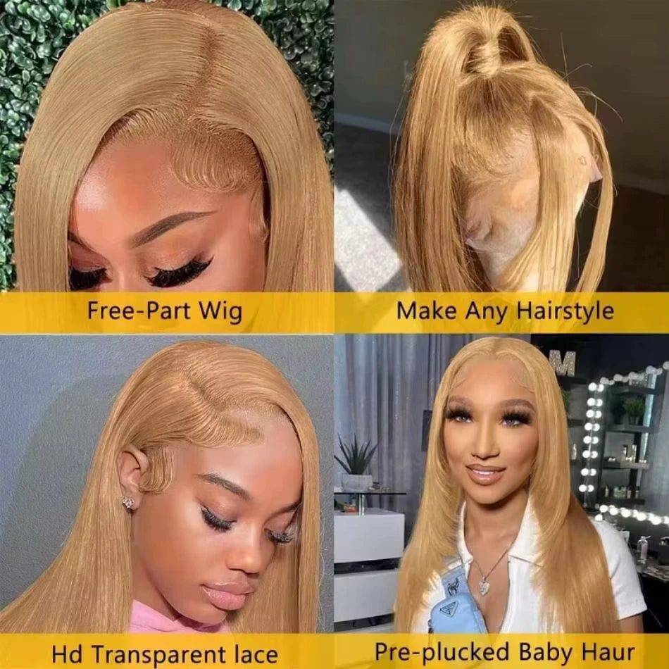 Straight Honey Blonde Wig 13x6 13x4 Hd Lace Frontal Wigs 30 36 Inch 200% Density #27 Blonde Colored Human Hair Wigs Pre Plucked